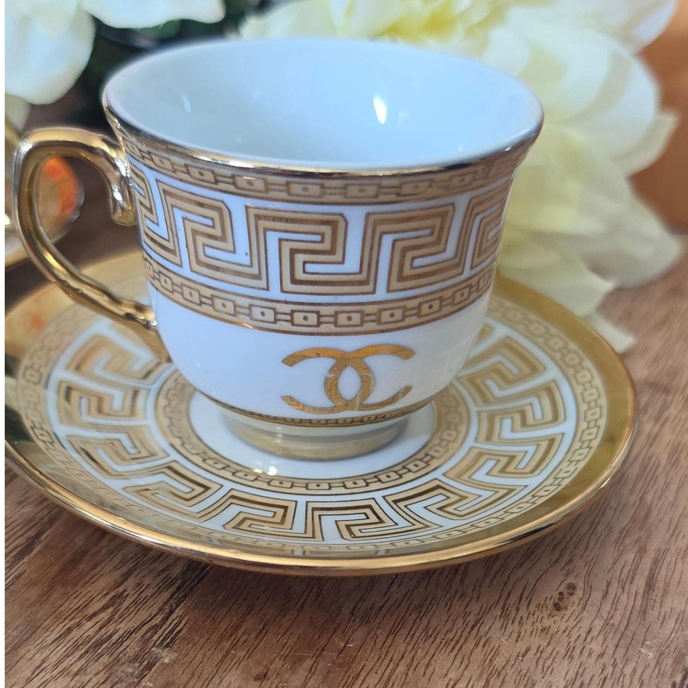 Gilded White Gold Greek Key Tea Cup Set of 2 - Picture 8 of 9